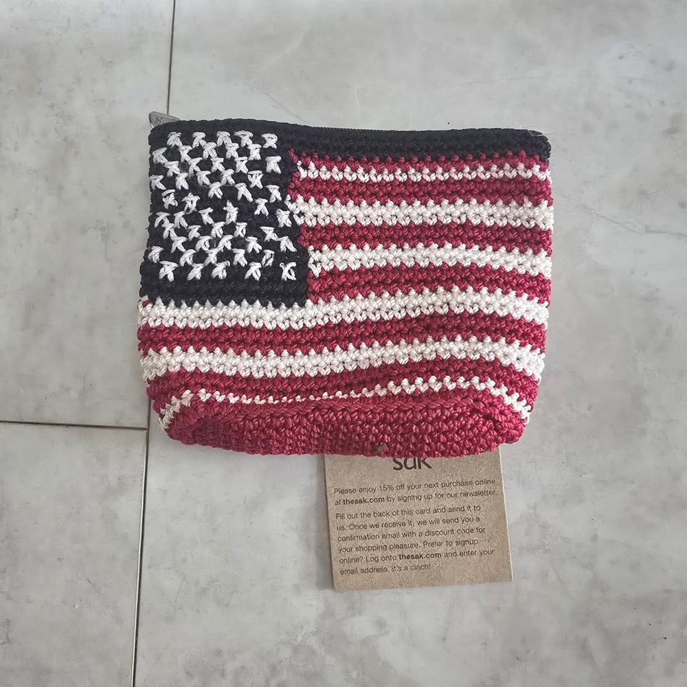 The Sak American Flag Crochet Cosmetic Bag Patriotic Makeup Pouch Red White Blue